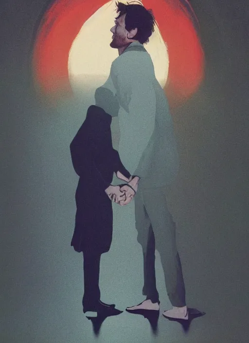 Prompt: portrait of Mads Mikkelsen and Hugh Dancy holding hands romantically as they chaperone school dance by Zdzislaw Beksinski, Michael Whelan, Bob Larkin and Tomer Hanuka, simple illustration, domestic, nostalgic, clean, Matte painting, trending on artstation and unreal engine, New Yorker magazine cover, 1980s romance book cover