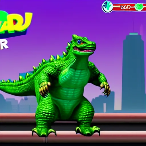 Prompt: small Godzilla running in Subway surfer, in-game shot, coherent like Dall-E 2