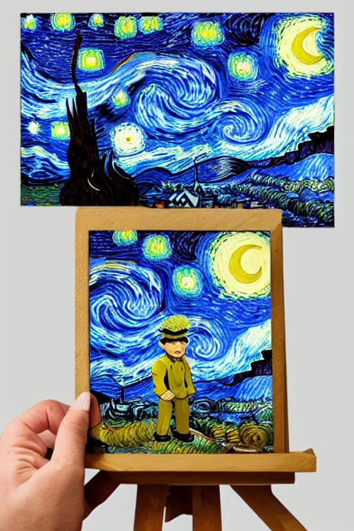 Image similar to joyous, fit, powerful, vincent van gogh standing next to his small painting starry night which is on an easel, stop motion vinyl action figure, plastic, toy, butcher billy style