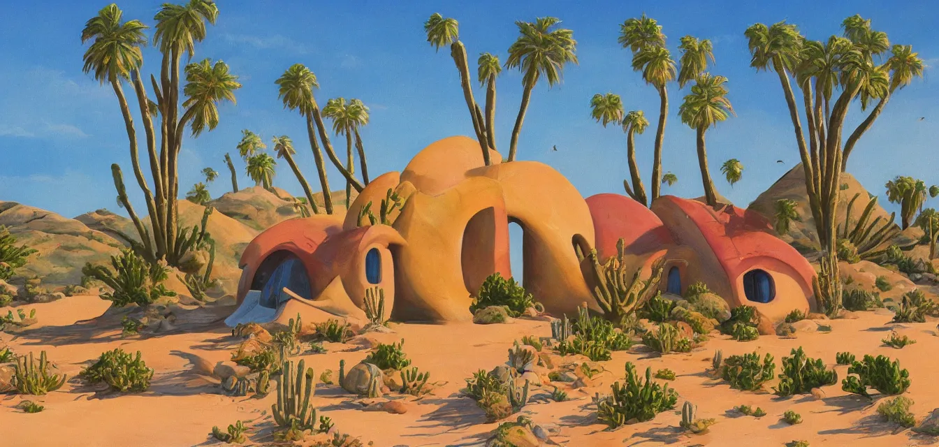 Image similar to a baja california desert by the sea, a seashell shaped house, background painting by maurice noble, looney tunes