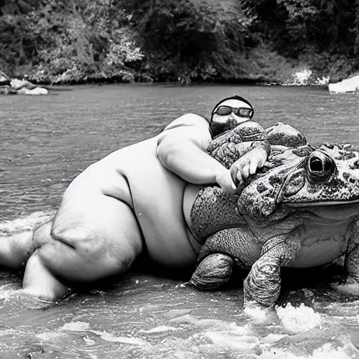 Image similar to dramatic photo of a fat man in a swimsuit holding and licking the worlds largest toad