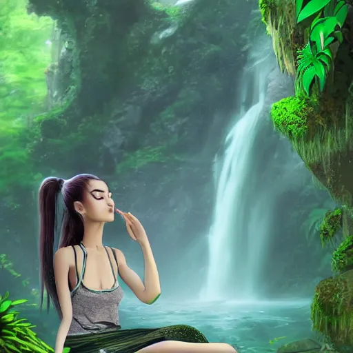 Image similar to a long green ponytail girl meditating on a rock in front of a waterfall, beautiful face, pretty face, digital art, hyper detailed, serene, jungle aesthetic