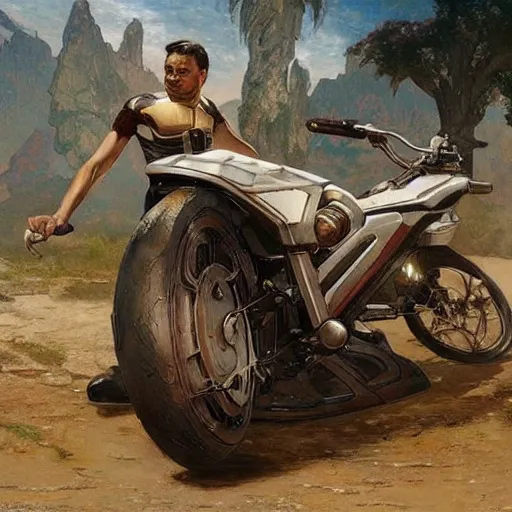 Image similar to STAR TREK motorbike designed in ancient Greece, (SFW) safe for work, photo realistic illustration by greg rutkowski, thomas kindkade, alphonse mucha, loish, norman rockwell