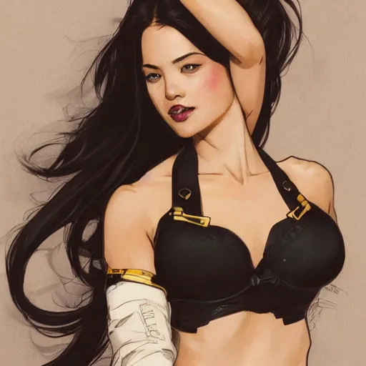 Prompt: portrait of cassandra cain wearing black bra, looking at camera, laying on bed!!, attractive, casual, modern, victoria's secret, highly detailed, digital painting, artstation, concept art, smooth, sharp focus, illustration, art by artgerm, greg rutkowski and alphonse mucha