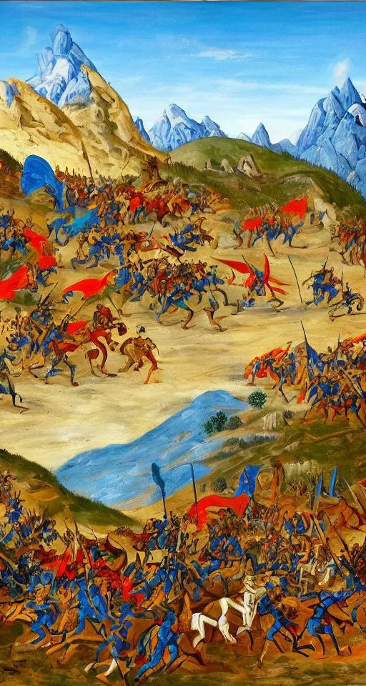 Prompt: colorful simple wideshot of a medieval battle in front of a beautiful blue mountainscape, painting