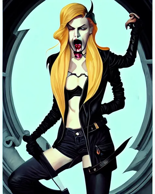 Image similar to rafael albuquerque comic art, art nouveau, peter mohrbacher, artgerm, pretty anya taylor - joy vampire sharp vampire teeth open mouth, black leather jacket, jeans, long blonde hair, full body