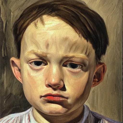 Image similar to Oil painting Portrait of a sad child, by Lucian Freud, Abstract brush strokes, Masterpiece