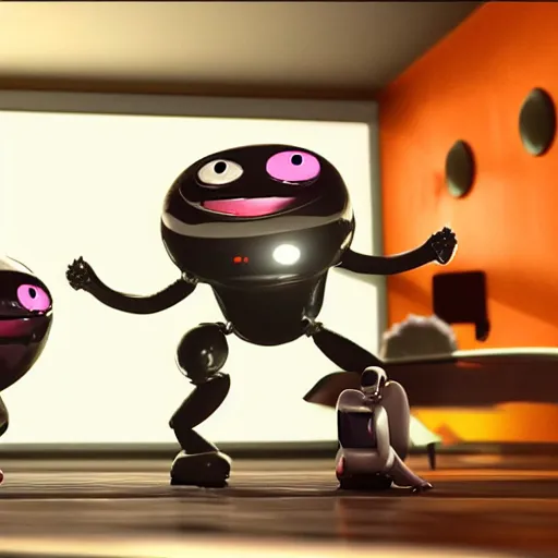 Image similar to promotional movie still wide - angle 3 0 m distance. nanorobots ( ( cat ) ) 1 million into the future ( 1 0 0 2 0 2 2 ad ). super cute and super deadly. nanorobots like disco music and dance - offs. cinematic lighting, dramatic lighting. octane 3 d, style saturday night fever