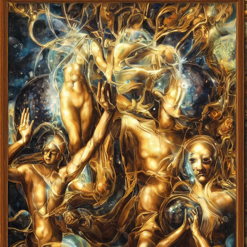 Prompt: a marble statue of a futuristic aliens reaching through an ornately decorated framed painting, arms outstretched, hands holding big glowing orbs, pulp sci - fi art for omni magazine. high contrast. baroque period, oil on canvas. renaissance masterpiece,