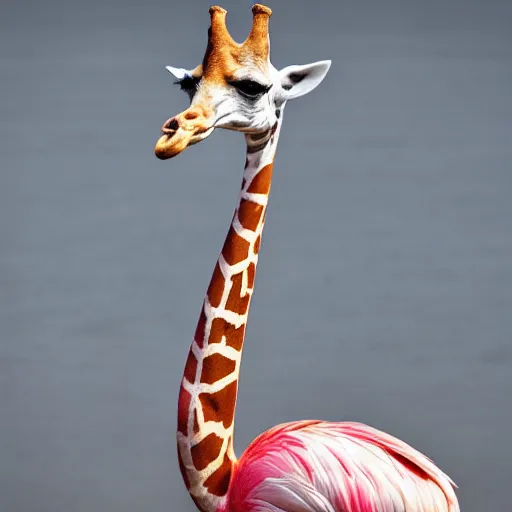 Image similar to hybrid of a Giraffe and a Flamingo, full body shot, sharp focus, ultra-detailed, photorealistic, complex, intricate, 3-point perspective, hyper detailed, IMAX quality, cinematic, finely detailed, small details, extra detail, symmetrical, high resolution, photo, 8k, award-winning, awe-inspiring, ground-breaking, masterpiece