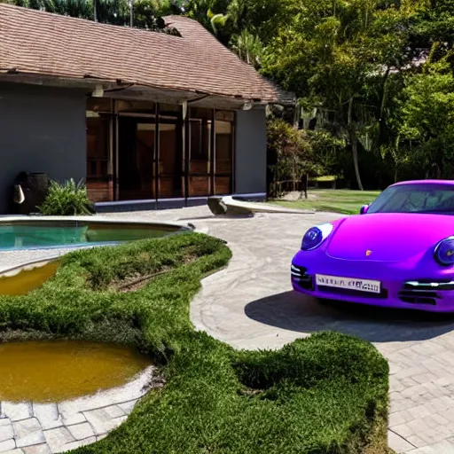 Prompt: a house made of translucent purple colored water in high quality with a porsche 9 1 1