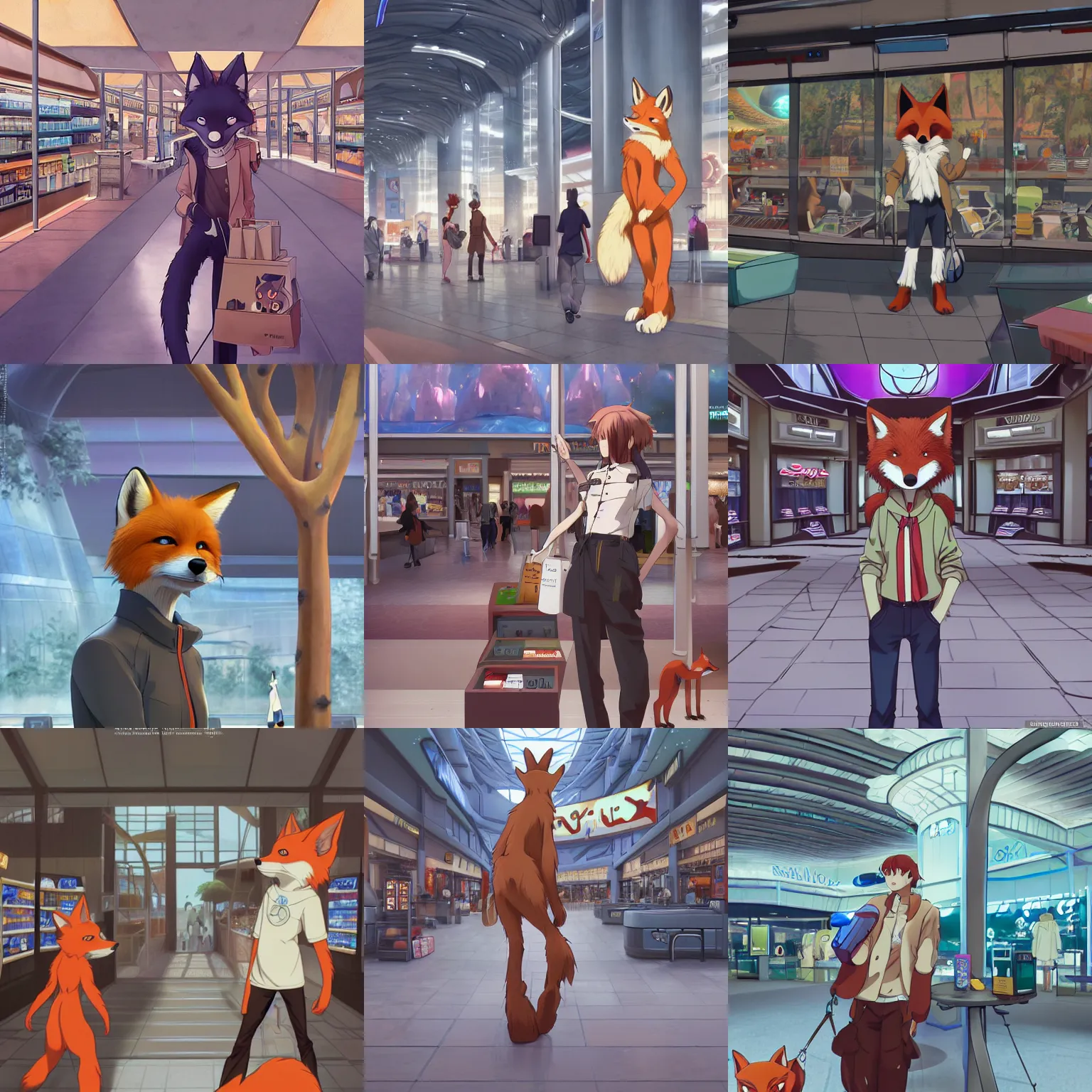 Prompt: anthro art of an anthropomorphic natural furry ( ( fox ) ) person shopping at a futuristic mall, photorealistic, key anime art, makoto shinkai, james gurney, don!!!! bluth!!!!, disney, hibbary, dark natasha, goldenwolf, furaffinity, fursona, commission