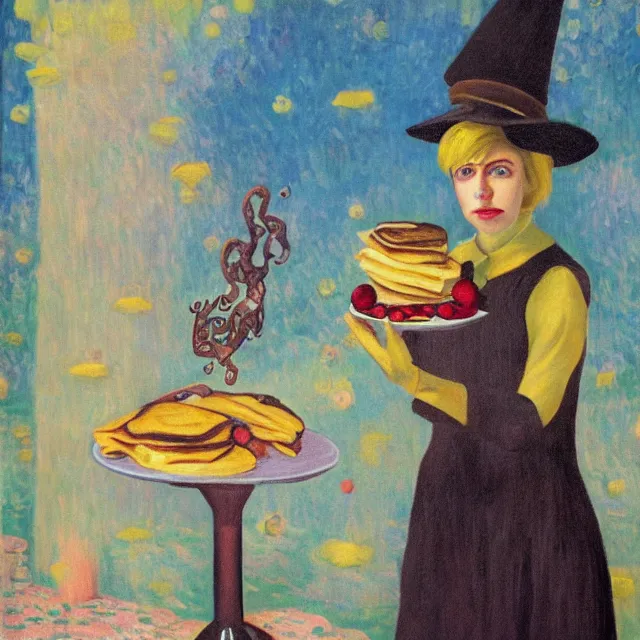 Image similar to tall emo female artist holding pancakes, in chippendale sydney, gold bars, maple syrup, snails, berries, pigs, octopus, witch's broomstick, acrylic on canvas, surrealist, by magritte and monet