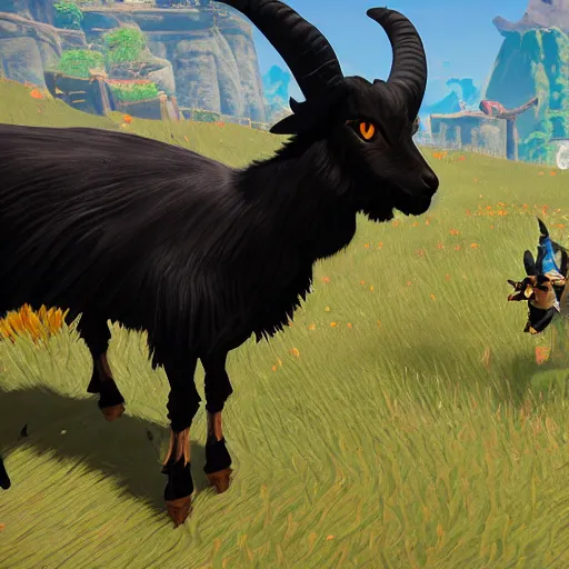 Image similar to an anthropomorphic black goat in breath of the wild, screenshot