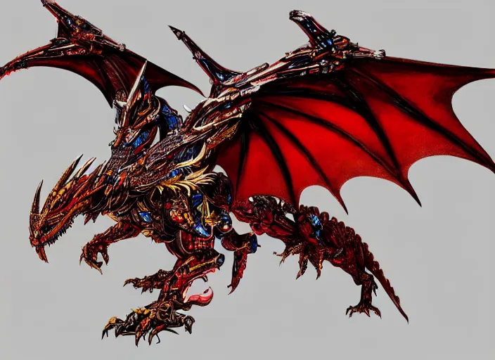 Prompt: A winged dragon with ornate red and gold scales, blue eyes. In style of Yoji Shinkawa and Hyung-tae Kim, trending on ArtStation, dark fantasy, great composition, concept art, highly detailed.