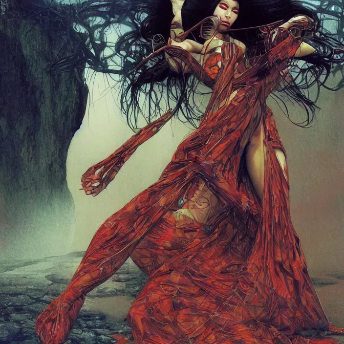 Prompt: hypermuscular geisha, full body, latex, rubber, fast, ektachrome, electric, flowing motion, aerodynamic, fashion shoot, digital art, smooth, sharp focus, art station, art by wayne barlowe and ivan shishkin and adolph menzel