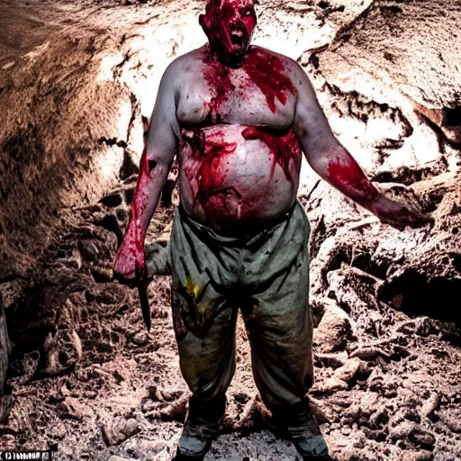 Image similar to big butcher man posing scarily, scary angry pose, covered in blood, fresh kill, cleaver, earie setting, in a cave, horror, hyperdetailed