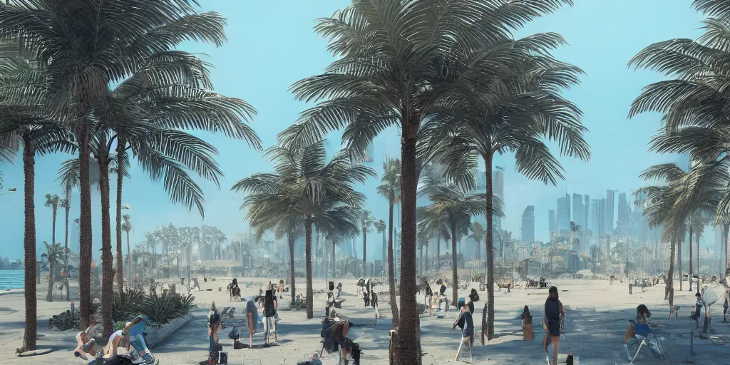 Image similar to landscape of the beautiful city of paris rebuilt near the pacific ocean in sunny california, amazing weather, sandy beach, palm trees, splendid haussmann architecture, digital painting, highly detailed, intricate, concept art, matte painting, trending on artstation, octane render, 8 k, unreal engine