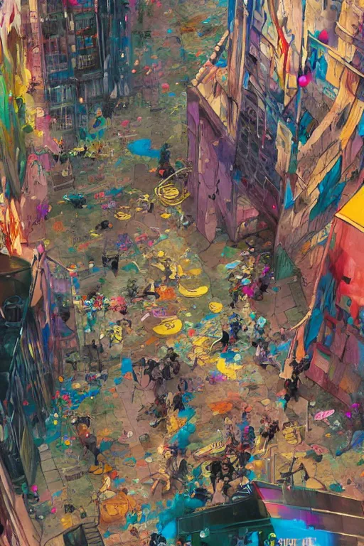 Prompt: dreamlike people in a busy city people covered by colorful graffiti paint dripping down to the floor, professional illustration by moebius, hiroshi yoshida, painterly, yoshitaka Amano, artgerm, loish, painterly, and james jean, illustration, moon lighting, masterpiece