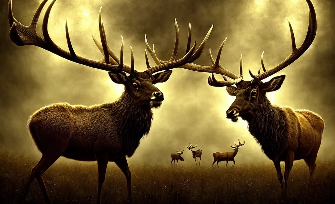 Image similar to epic professional digital art of antlered herbivores, faint golden moody atmospheric lighting, painted, intricate, detailed, detailed, foreboding, by leesha hannigan, wayne haag, reyna rochin, ignacio fernandez rios, mark ryden, iris van herpen,, epic, stunning, gorgeous, much wow, cinematic, masterpiece.