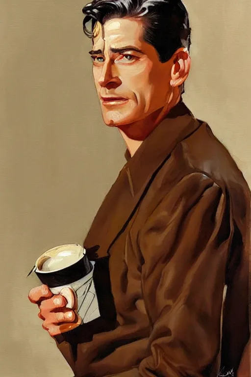Image similar to dale cooper drinking coffee, coffee reflection, painting by jc leyendecker!! phil hale!, angular, brush strokes, painterly, vintage, crisp