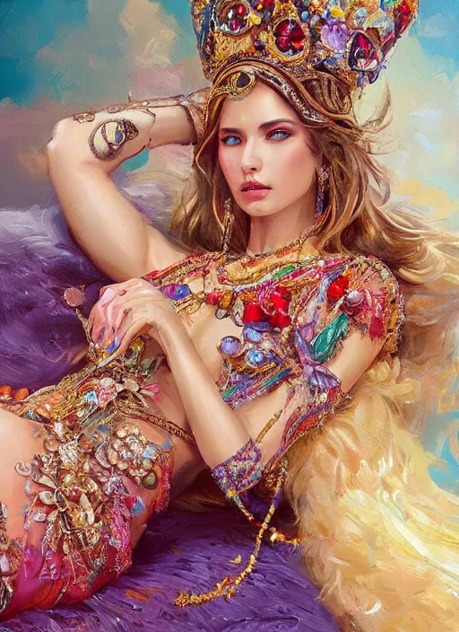 Prompt: a woman in an elaborate and ornate dress lying down on a background of colorful jewels. beautiful highly detailed face. painting by artgerm and greg rutkowski and raymond swanland.