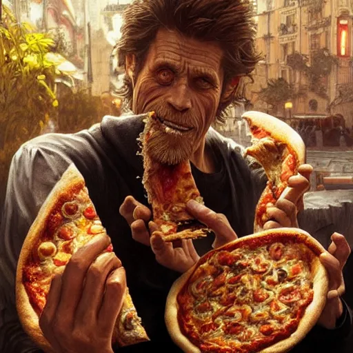 Prompt: ultra realistic illustration of willem dafoe eating pizza, intricate, highly detailed, digital painting, artstation, concept art, sharp focus, illustration, art by artgerm and greg rutkowski and alphonse mucha