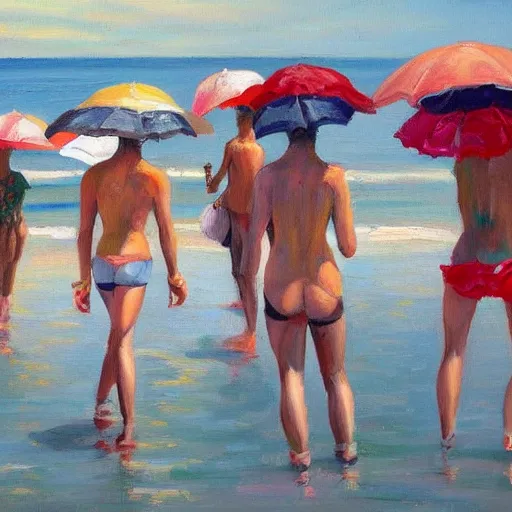 Prompt: a painting of people on a beach with umbrellas, a detailed painting by Emily Mason, featured on tumblr, action painting, detailed painting, oil on canvas, painterly