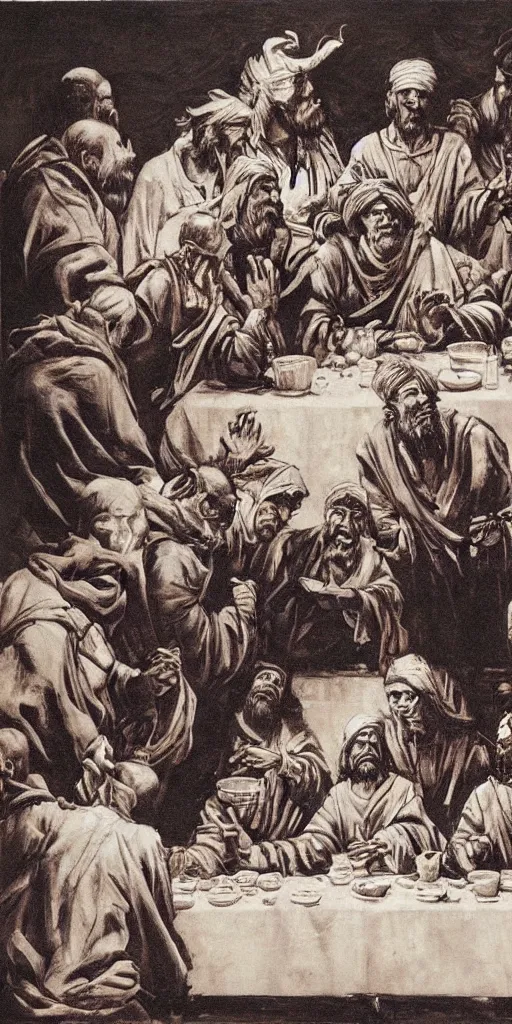 Image similar to oil painting scene from the last supper by kim jung gi