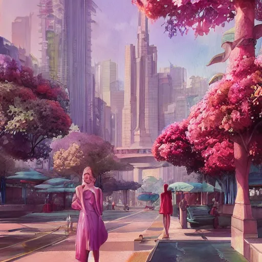 Prompt: a painting of an art - deco cityscape surrounded by flowers, a watercolor and matte painting by magali villenueve and mandy jurgens and charlie bowater, cgsociety, artdeco, utopia art, sci - fi, artstation hq