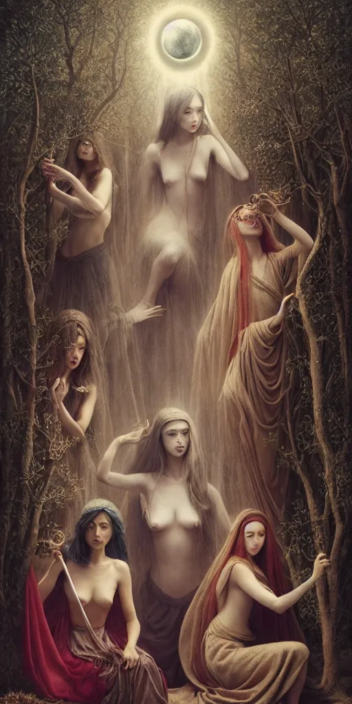 Prompt: the three fates cutting threads with scissors, forest, moonlight, gemma chen, madison beer, angela sarafyan, pinup, intricate beautiful faces, surrealistic painting by agostino arrivabene, artgerm, vanessa beecroft, anka zhuravleva, mary jane ansell, peter mohbacher, gerald brom