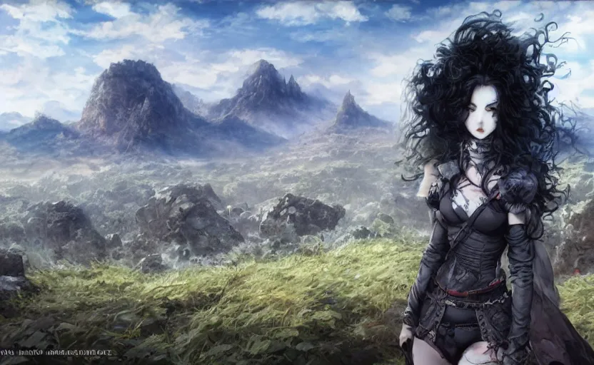 Image similar to goth woman in front of mountain landscape, color page, tankoban, 4 k, tone mapping, akihiko yoshida, james jean andrei riabovitchev marc simonetti, yoshitaka amano, long hair, curly, h. hydrochaeri