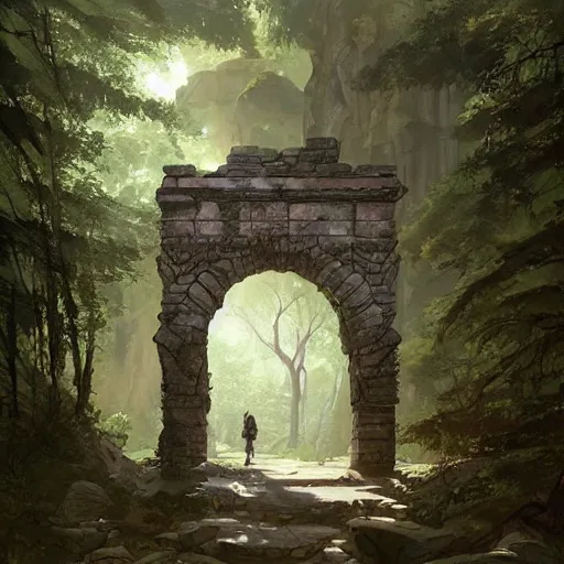 Prompt: concept art painting of an ornate ancient stone archway, in the woods, deep forest, realistic, detailed, cel shaded, in the style of makoto shinkai and greg rutkowski and james gurney