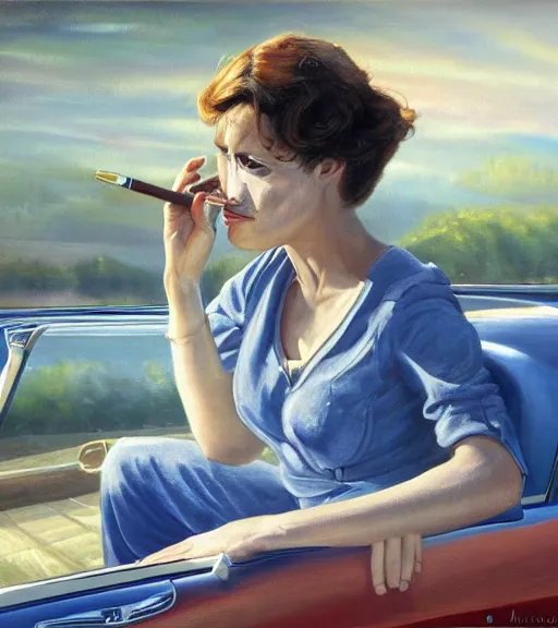 Image similar to high quality high detail painting by alberto mielgo and jaime jones, woman smoking in a car, hd