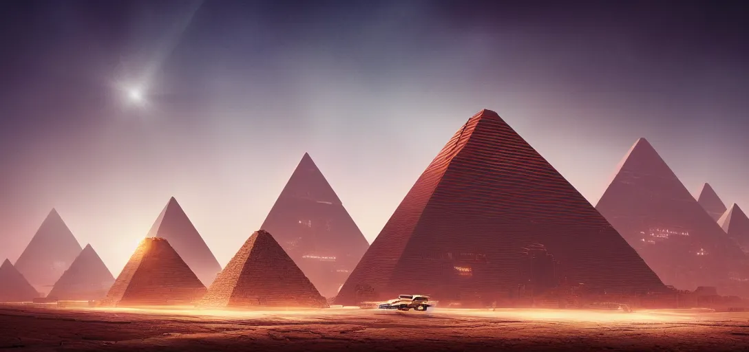 Image similar to view from the desert ground of futuristic blade runner pyramids architecture, light rays, symmetry, cinematic lighting, ultra detailed, sharp, ambient occlusion, bloom, raytracing, by greg rutowski, finnian macmanus and jessica rossier