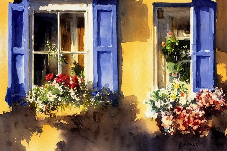 Image similar to abstract watercolor painting of spanish street, flowers in window, summer, magical and traditional, cinematic light, sharp shadows, daylight, national romanticism by anders zorn, by greg rutkowski, by greg manchess