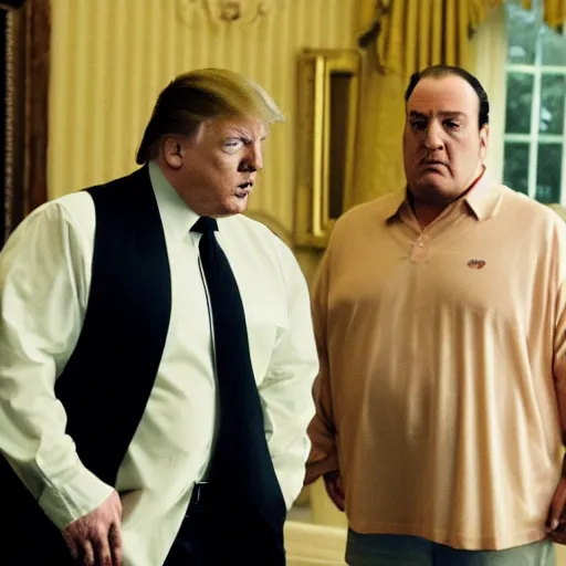 Prompt: tony soprano telling donald trump he is in trouble with the boss. highly detailed movie still