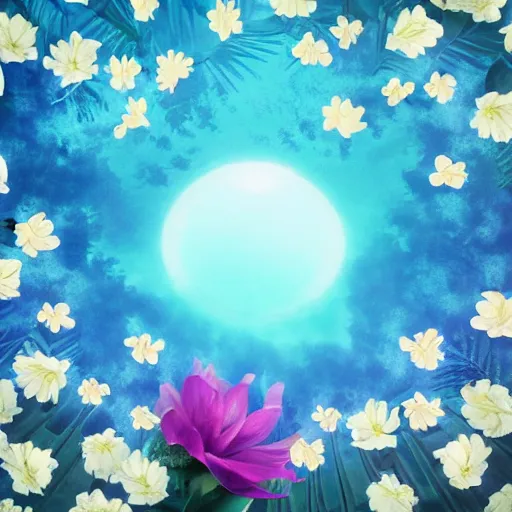 Image similar to centered bright perfume bottle standing in clear blue rippling water surrounded by a plethora of white flowers and tropical leaves and fauna upfront, with dreamy bright blue sky and clouds in the background, illumination lighting, sharp focus, surreal photography, lois van baarle,