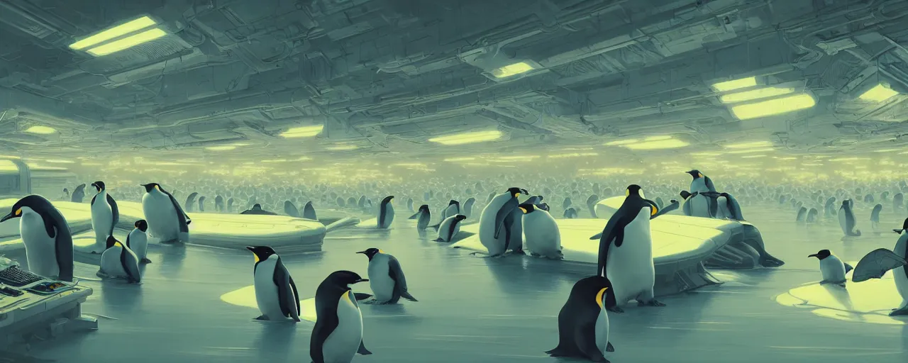 Image similar to duotone concept illustration of emperor penguins in scifi room full of computers. cinematic scene. volumetric lighting. golden ratio accidental renaissance. by sachin teng and sergey kolesov and ruan jia and heng z. graffiti art, scifi, fantasy, hyper detailed. octane render. concept art. trending on artstation