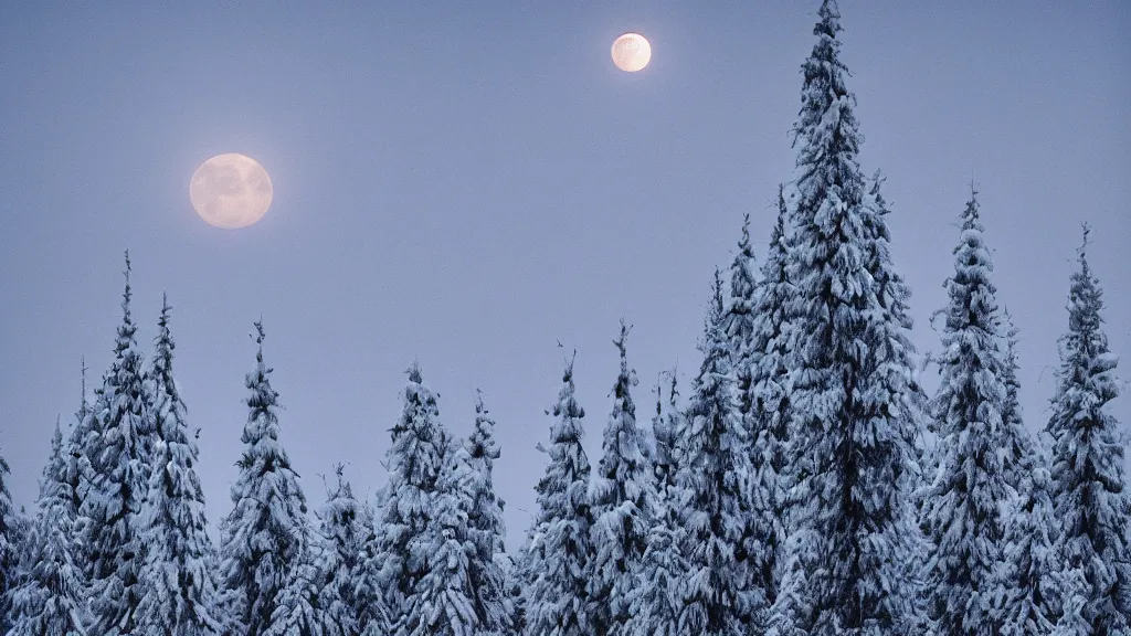 Prompt: Pine tress full of snow, lit by a full moon