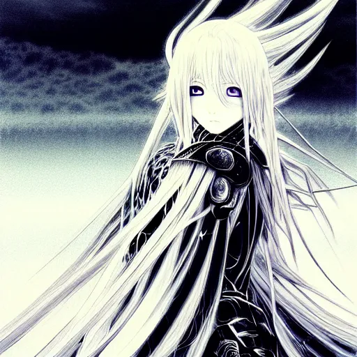 Image similar to Yoshitaka Amano blurred and dreamy illustration of an anime girl with wavy white hair and cracks on her face wearing Elden ring armour with the cape fluttering in the wind, abstract black and white patterns on the background, noisy film grain effect, highly detailed, Renaissance oil painting, weird portrait angle