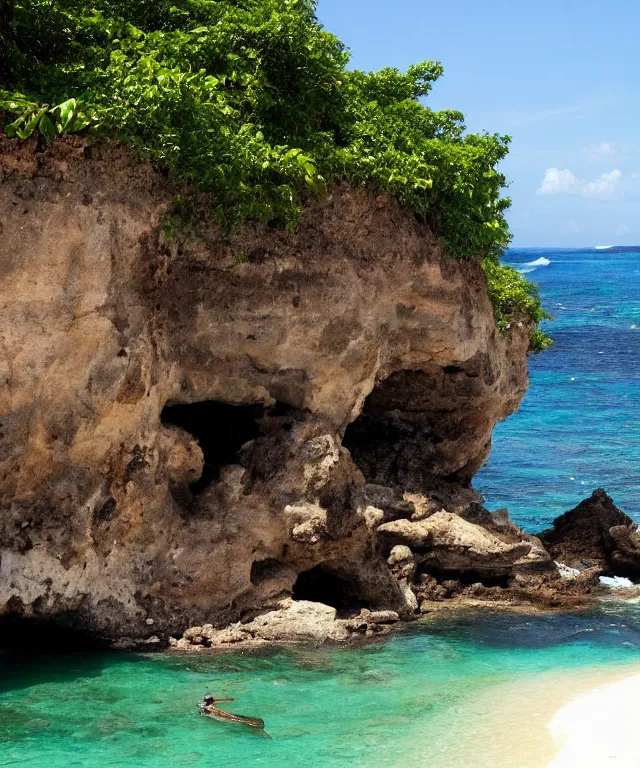 Image similar to turtle bay beach jamaica, sharp cliffs, island with cave