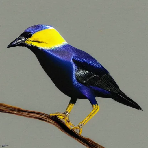 Prompt: a colored pencil drawing of a cap glossy starling by natalia rojas and ana maria martinez jaramillo, pastel color, yellow eye, gradient black and blue, wingspan, highly detailed, realistic graphite, artstation, 4 k, realism, photorealism, fine art