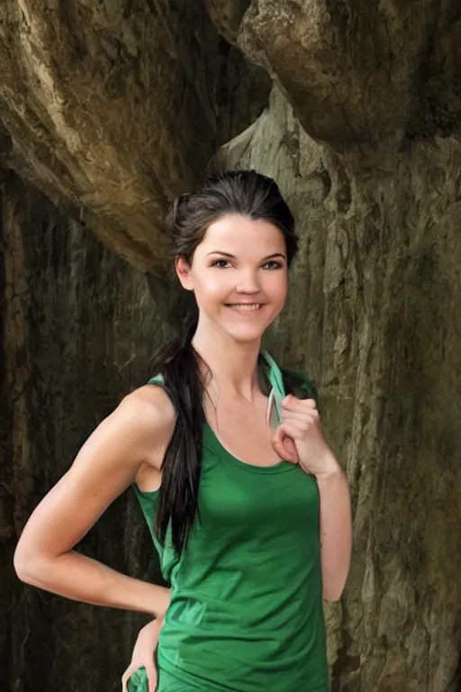 Image similar to fantasy character photo. tall, lanky, athletic woman gleefully telling a bs story full of lies. facial expression of manic obsessive love. danielle campbell. black hair in ponytail. bright blue eyes. sleeveless light green dress. tall, lanky, athletic, wiry, slightly muscular.