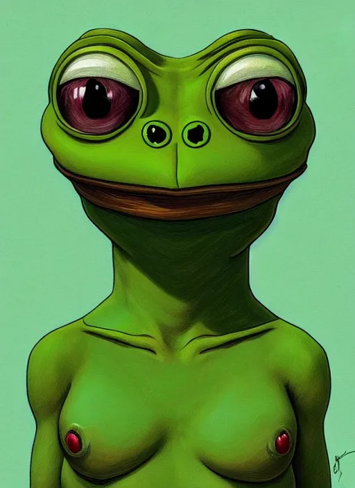 Prompt: depressed pepe the frog!!!, sad, portrait, intricat, highly detailed, digital painting, artstation, concept art, wallpaper, smooth, sharp focus, illustration, art by matt furie and artgerm! and greg rutkowski!! and alphonse mucha