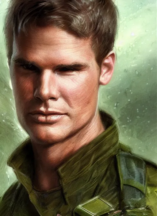 Image similar to portrait of a young richard dean anderson wearing a green combat uniform, in a post appocalyptic city overgrown by plants, by stanley artgerm lau, by wlop, by luis royo, by greg rutkowski, cover illustration, concept art, volumetric lighting, volumetric atmosphere, sharp focus, octane render, trending on artstation, 8 k