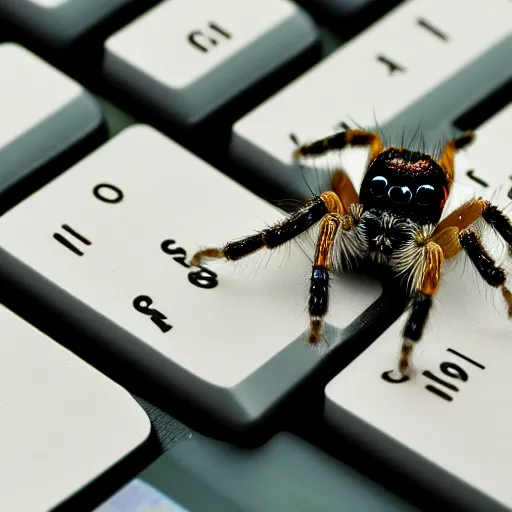 Image similar to a jumping spider, using a computer keyboard, by pixar, macro lens, iridescent