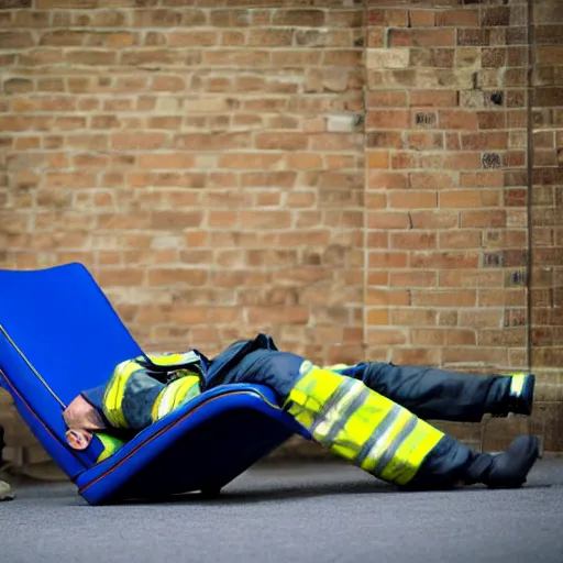 Image similar to bald firefighter asleep on a blue reclining chair