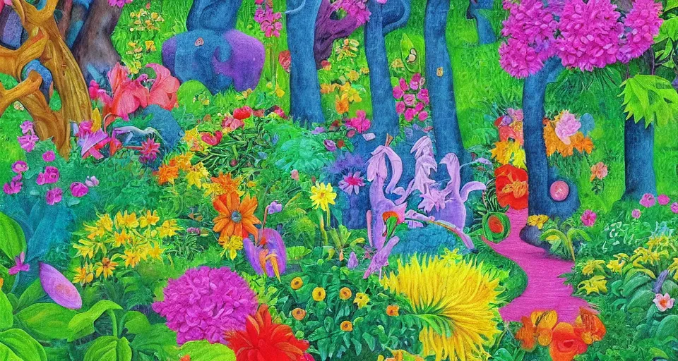 Prompt: bosch painting of a garden using lisa frank colors