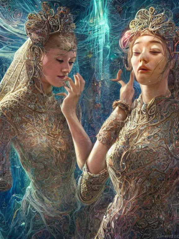 Image similar to a complex concept art ultra detailed of two veiled perfect female face android queens kneel and pray with lots of electric cable behind them connected to giant computer,bowknot, fine lace, GUCCI, sparkling, jewel embellishment, film lighting, by shibashake,Cedric Peyravernay,marie spartali Stillman,William Morris,Dan Mumford, trending on atrstation, full of color, mythological, high detailed,golden ratio,cinematic lighting